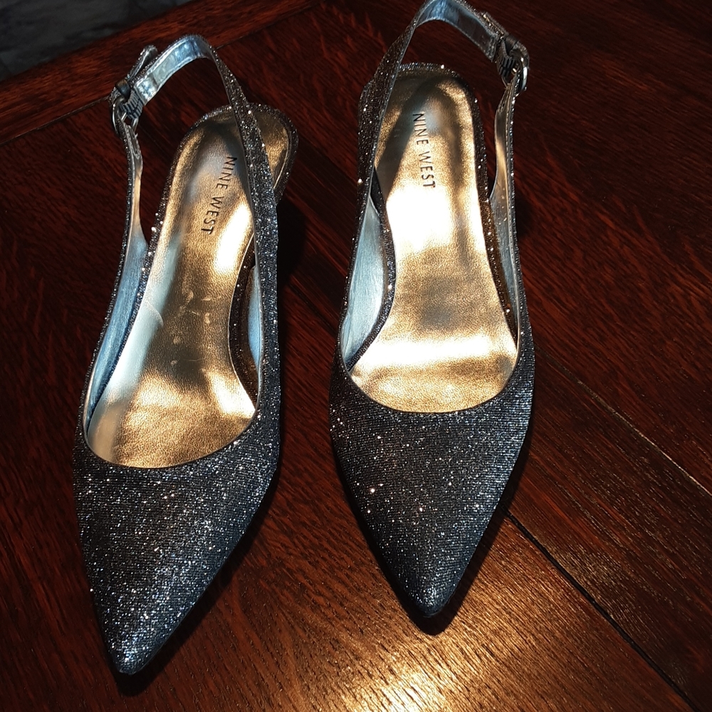Glittery silver over black kitten heels with sling